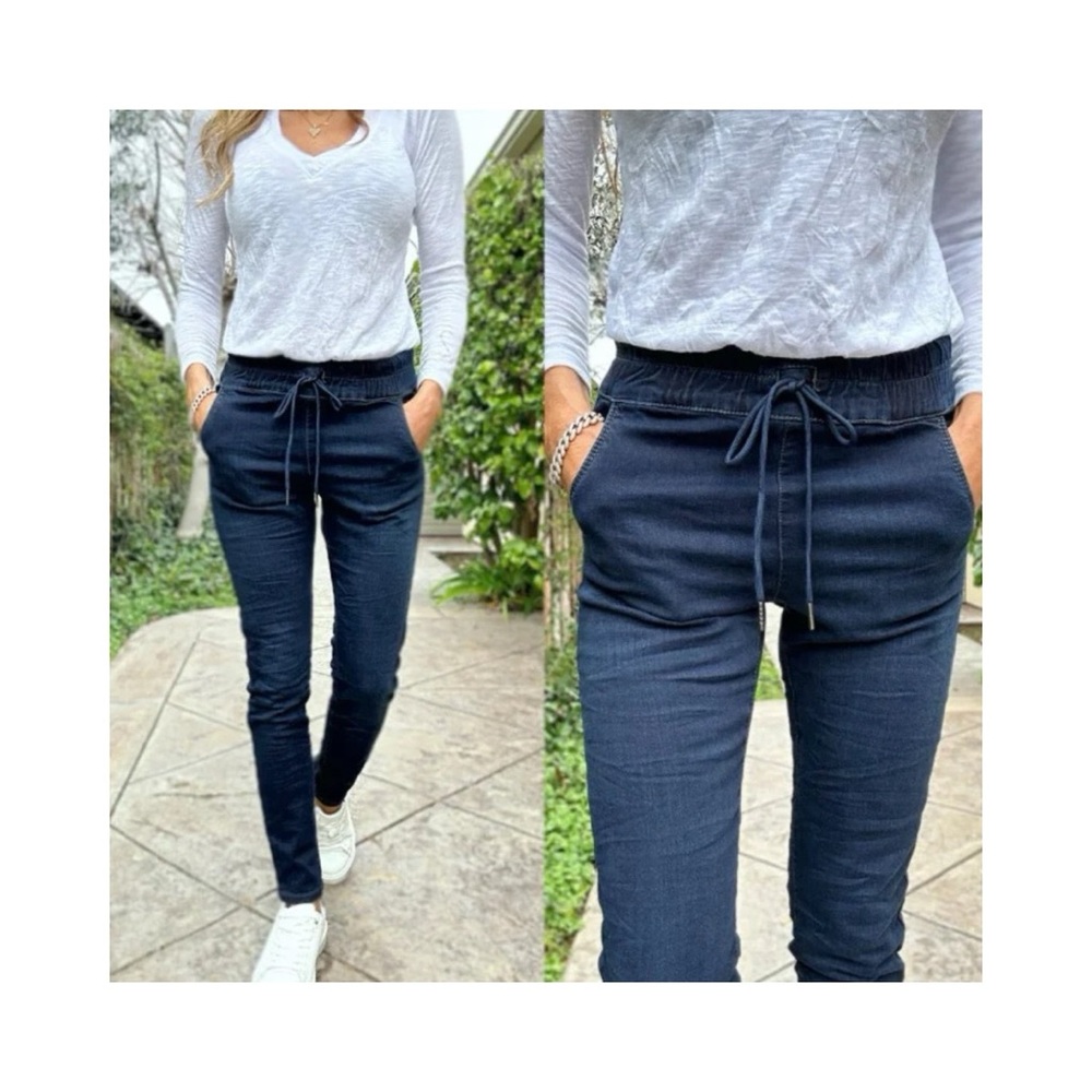Bevy Flog Shely Denim Drawstring Pants (Sz 27) Slim Skinny Dark Blue Wash
